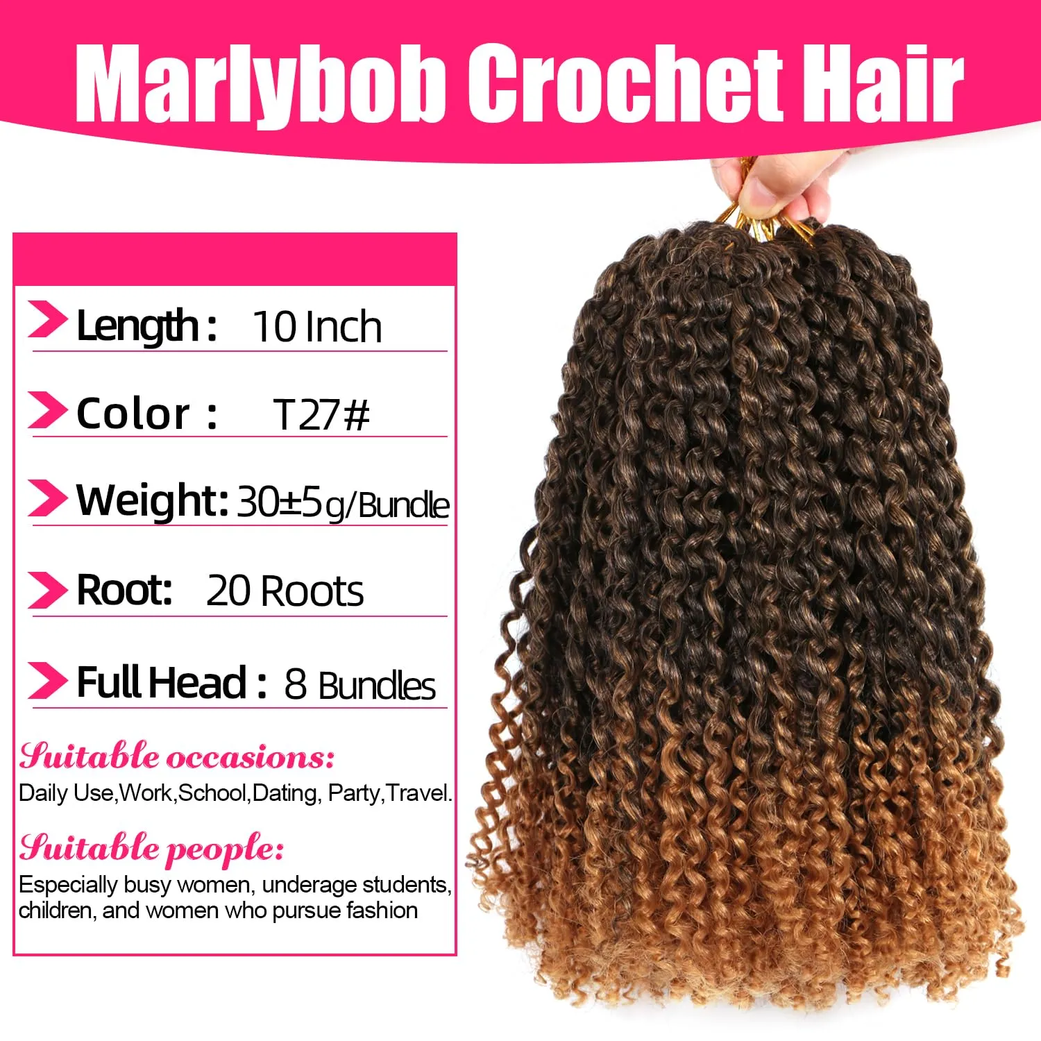 10 Inch Marlybob Crochet Hair 8Bundles Packs/lot Crochet Braids Jerry Curly Hair Extensions Ombre Synthetic Braiding Hair (8Bundles10 Inch, 1B/27#)