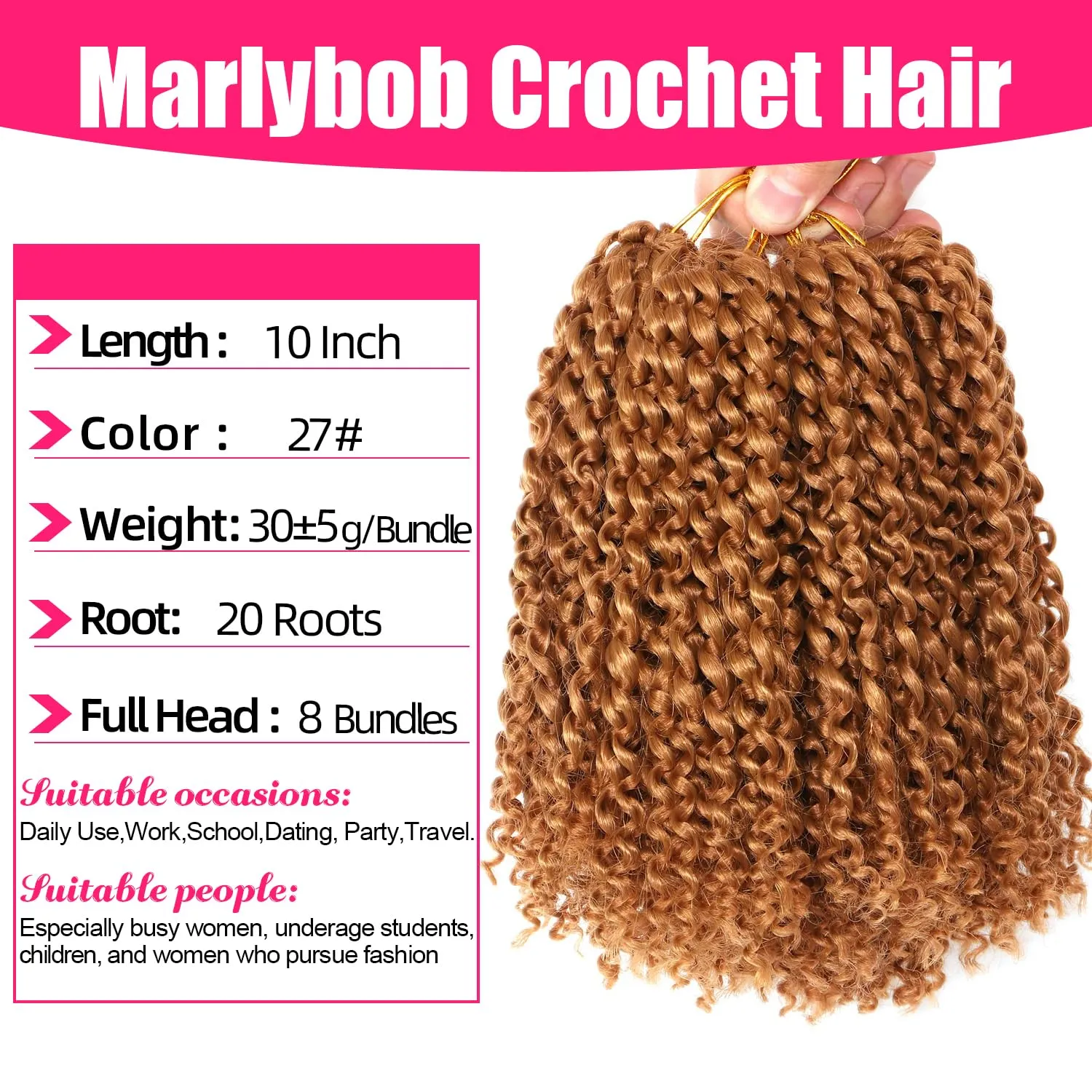 10 Inch Marlybob Crochet Hair 8Bundles Packs/lot Crochet Braids Jerry Curly Hair Extensions Ombre Synthetic Braiding Hair (8Bundles10 Inch, 27#)