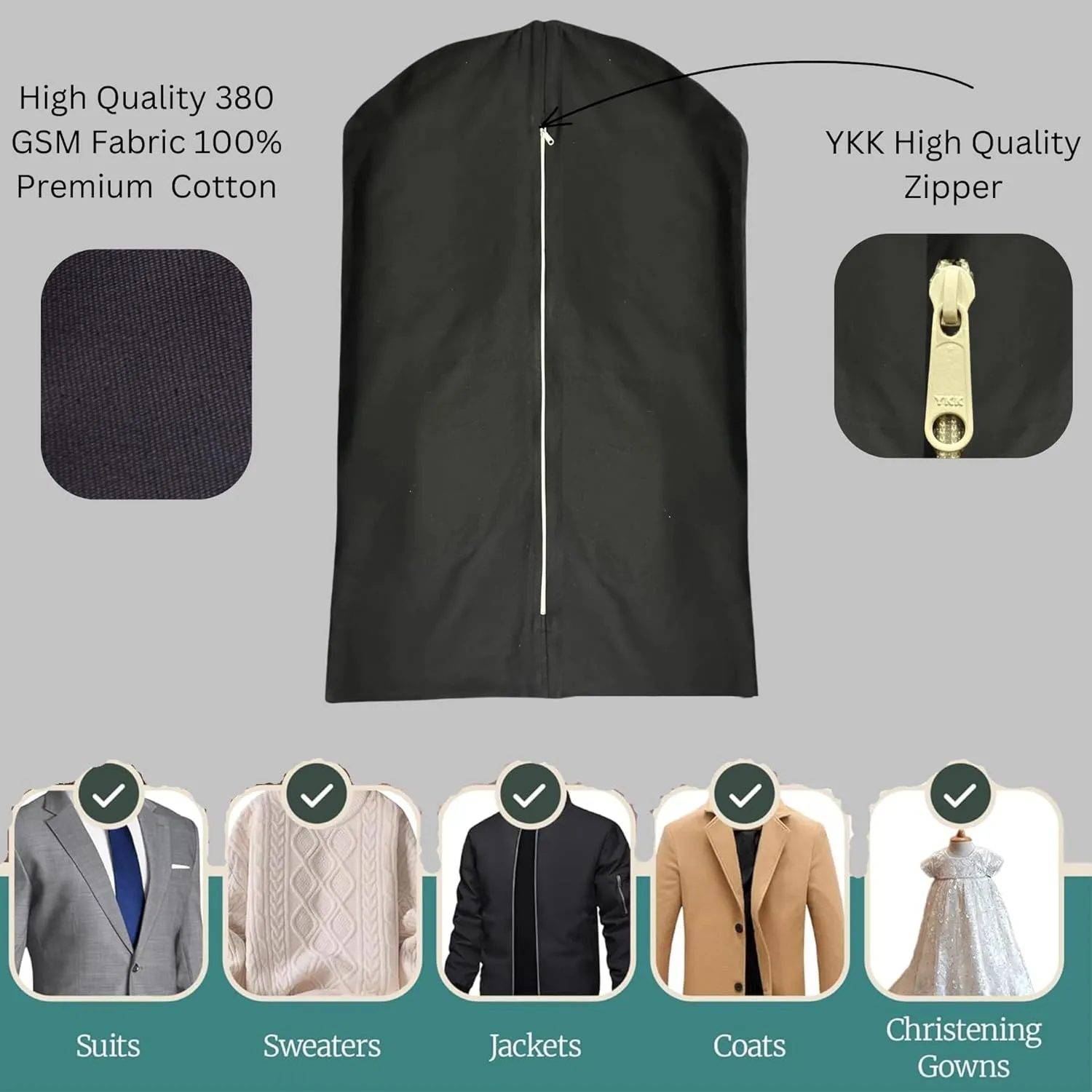 100% Cotton Canvas Garment Cover for Suits, Coats, Dresses; Travel Bag (Large (24"x48"), Black)