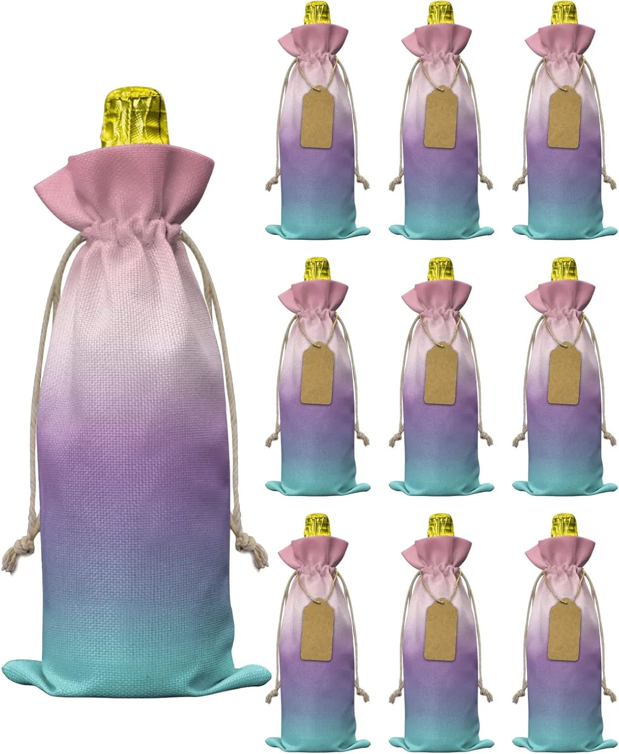 10pcs Burlap Wine Bags Gradual Color Pink Purple Blue Ice Reusable Wine Bottle Covers Ombre Pattern Bottle Gift Bag with Drawstring for Wedding, Birthday, Holiday Party, Housewarming
