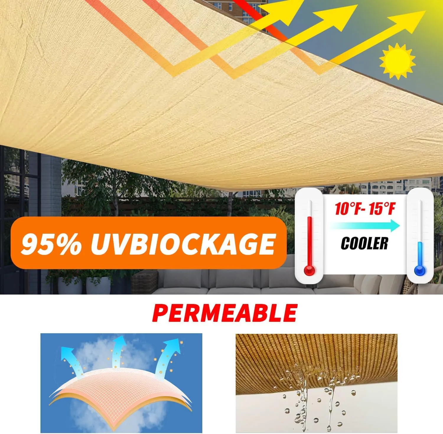 12' x 16' Rectangle Sun Shade Sail Canopy UV Block Sunshade for Outdoor Patio Garden Backyard Pergola Shade Cover Sand