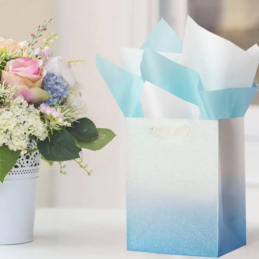 12Pcs Ombre Blue Medium Gift Bags with 24 Tissue Paper