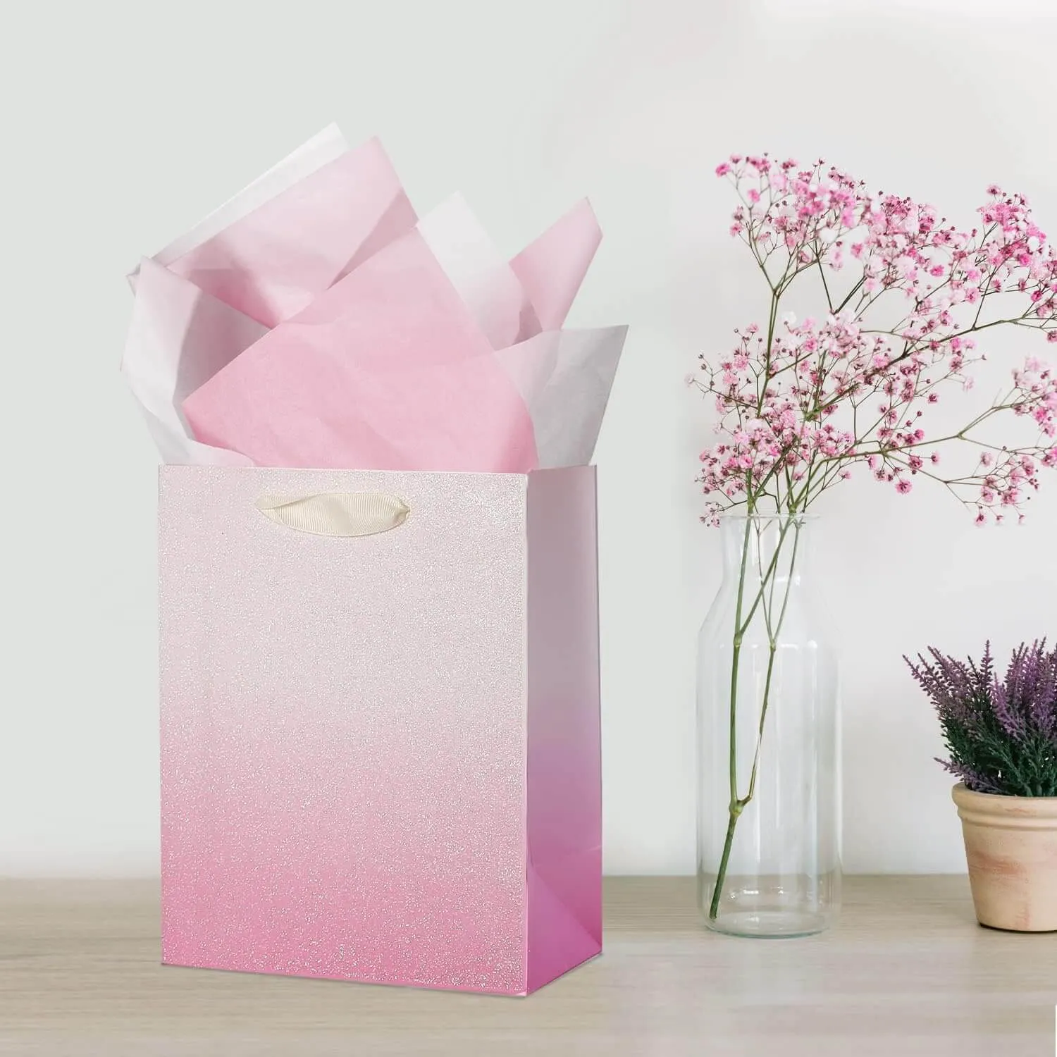 12Pcs Ombre Pink Medium Gift Bags with 24 Tissue Paper