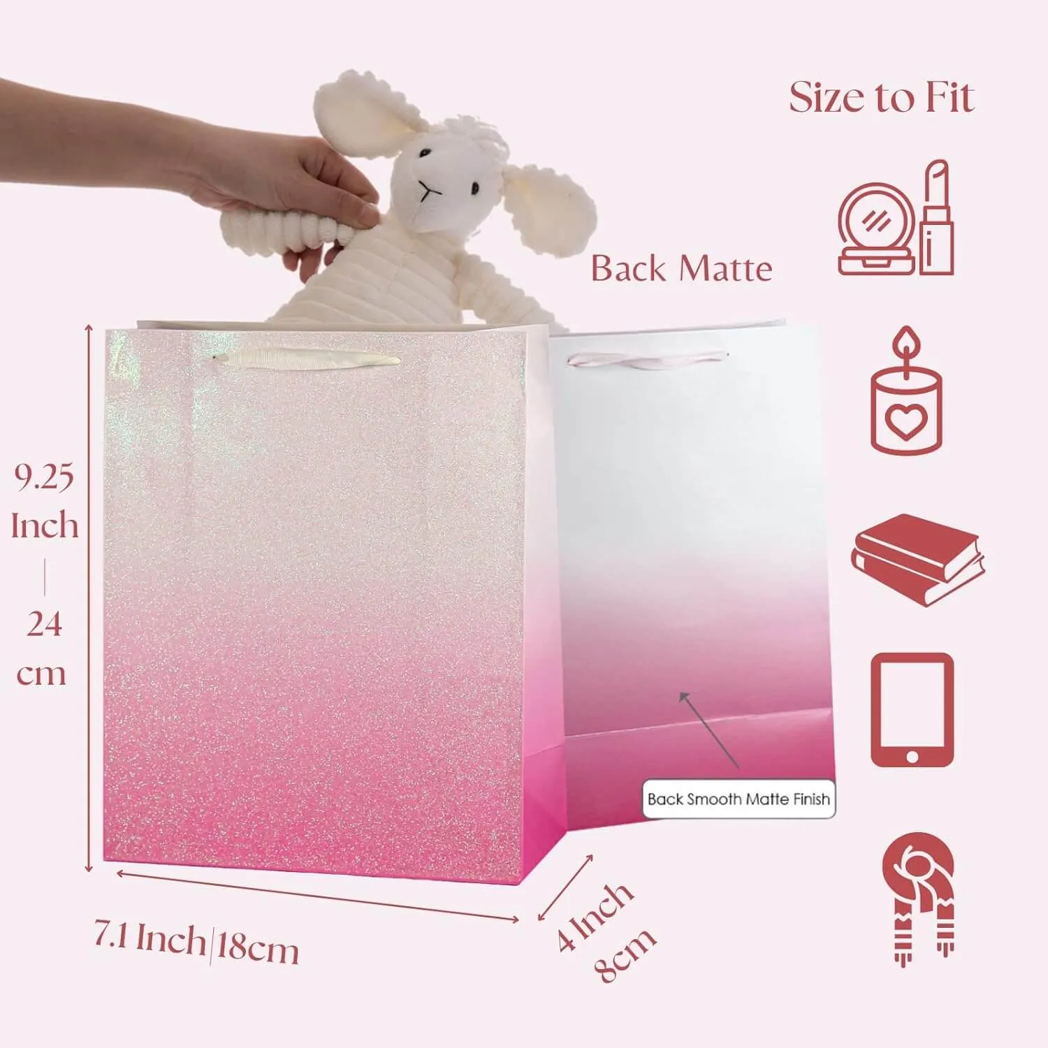 12Pcs Ombre Pink Medium Gift Bags with 24 Tissue Paper