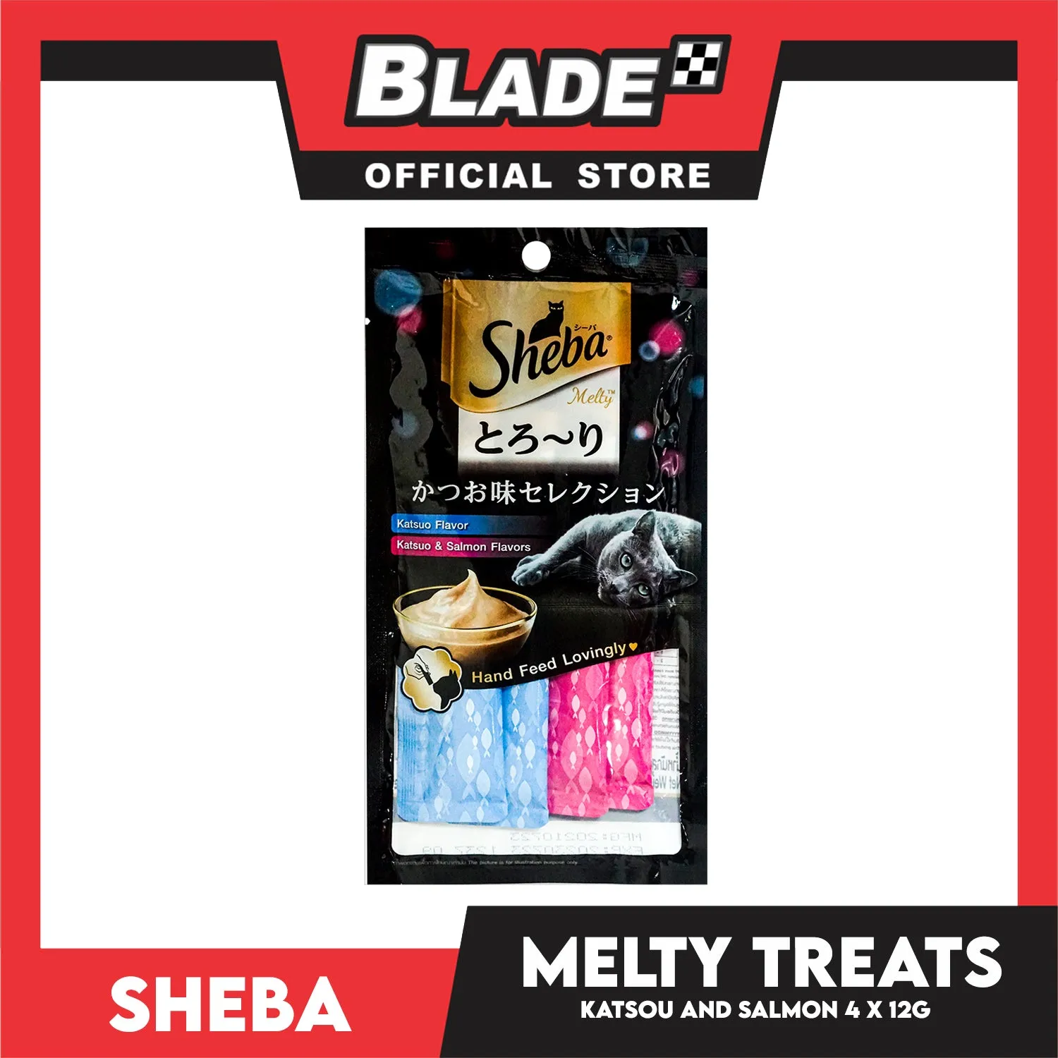 12pcs Sheba Melty Katsuo and Salmon Flavors Hand Feed Lovingly 12g x 48 sachets Cat Treats