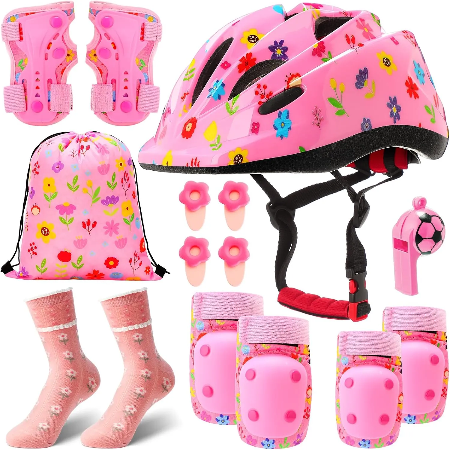 14 Pcs Knee Pads Knee Elbow Pads Wrist Guards with Drawstring Bag Adjustable Pink Protective Gear Set with Socks Whistle and Hairpin for Girls Inline Skating Bike Cycling