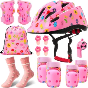 14 Pcs Knee Pads Knee Elbow Pads Wrist Guards with Drawstring Bag Adjustable Pink Protective Gear Set with Socks Whistle and Hairpin for Girls Inline Skating Bike Cycling