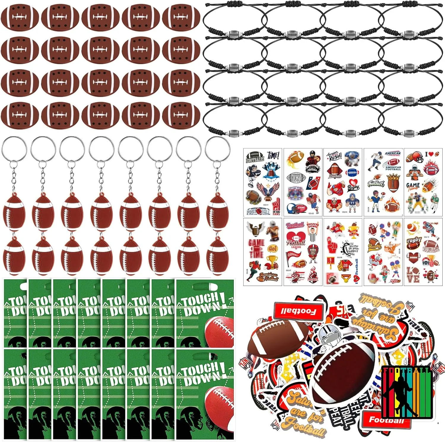 140 Pcs Sports Party Favors Basketball Baseball Soccer Football Birthday Gifts Include Keychain Goodie Bags Charm Bracelet Stickers Erasers Tattoo Ball Favor for Classroom Reward (Football)