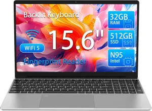15.6" FHD Laptop Computer with Backlit Keyboard,32GB RAM 512GB SSD,Quad Core N95 Processor(Up to 3.4GHz),180 ° Angle Opening,Fingerprint Reader,8000mAh Battery,Webcam,WiFi 5,BT 4.2,Mini HDMI,USB 3.0