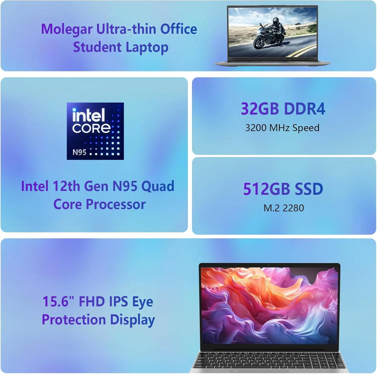 15.6" FHD Laptop Computer with Backlit Keyboard,32GB RAM 512GB SSD,Quad Core N95 Processor(Up to 3.4GHz),180 ° Angle Opening,Fingerprint Reader,8000mAh Battery,Webcam,WiFi 5,BT 4.2,Mini HDMI,USB 3.0