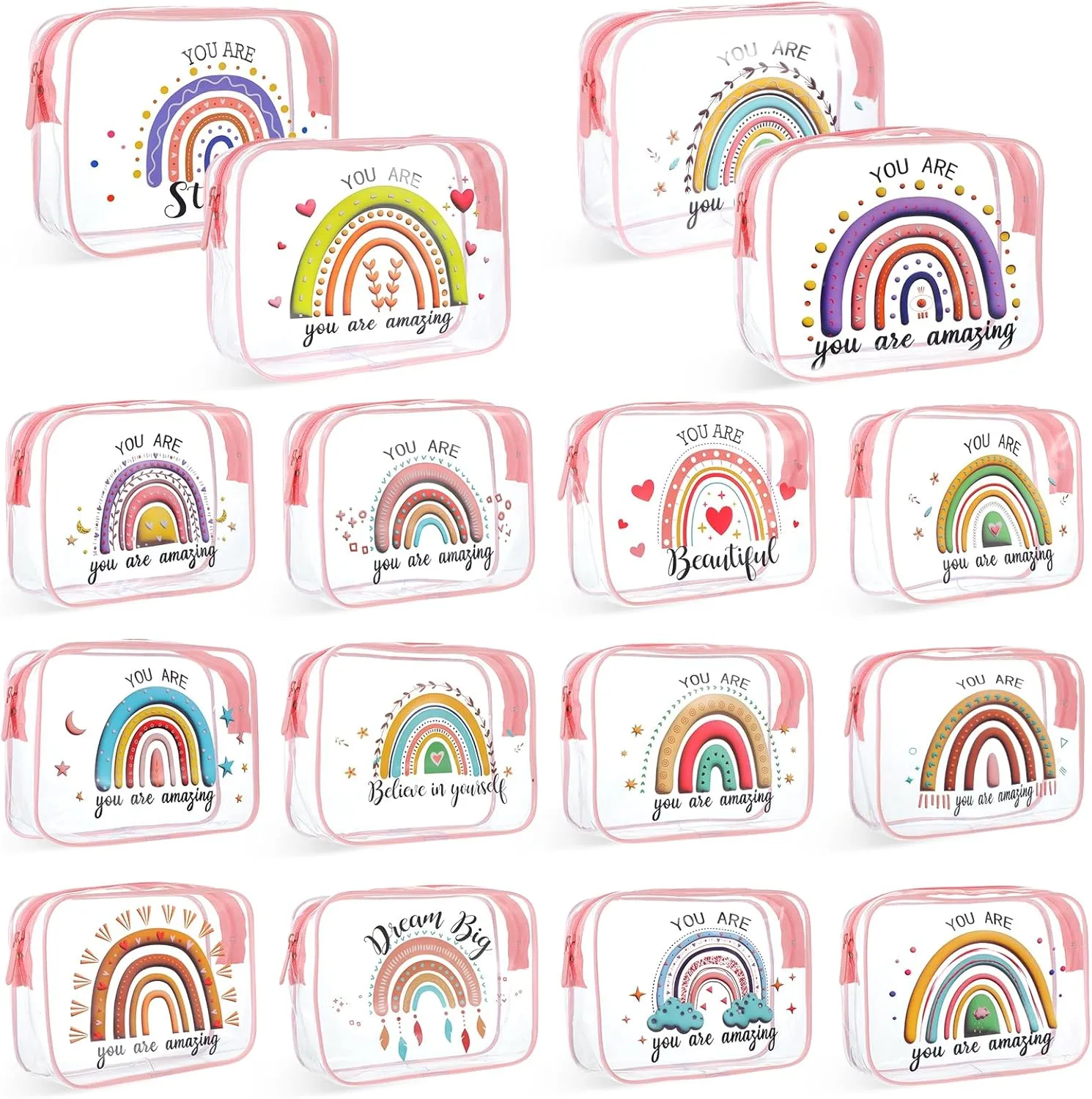 16 Pcs Rainbow Clear Makeup Bag Women Gifts Inspirational Quotes Waterproof PVC Cosmetic Bags Portable Multifunction Pouch for Graduation Friend Sister Nurse Gift Travel Vacation Organization