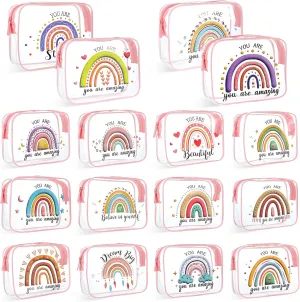 16 Pcs Rainbow Clear Makeup Bag Women Gifts Inspirational Quotes Waterproof PVC Cosmetic Bags Portable Multifunction Pouch for Graduation Friend Sister Nurse Gift Travel Vacation Organization