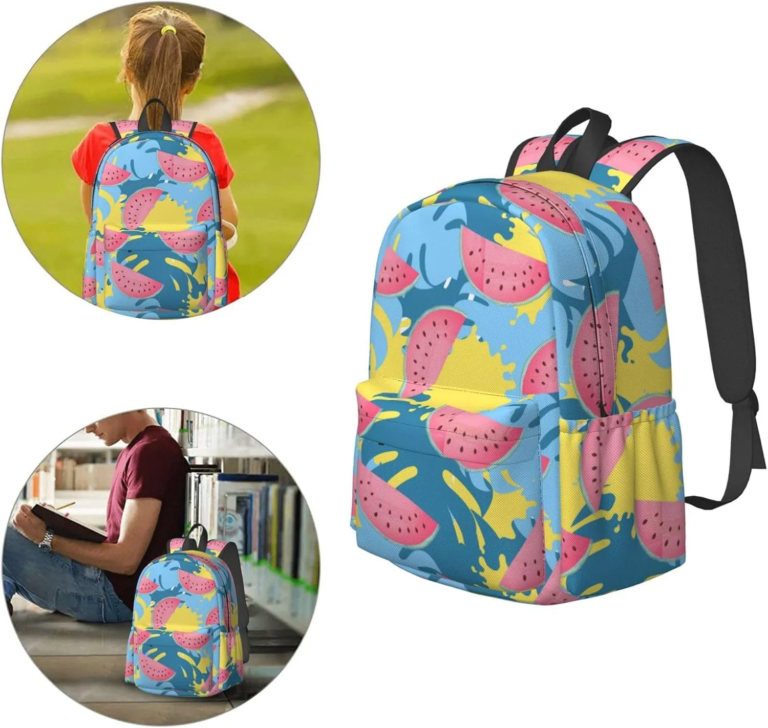 17 inch Backpack Juicy Watermelon Colors Leaves Laptop Backpack School Bookbag Shoulder Bag Casual Daypack