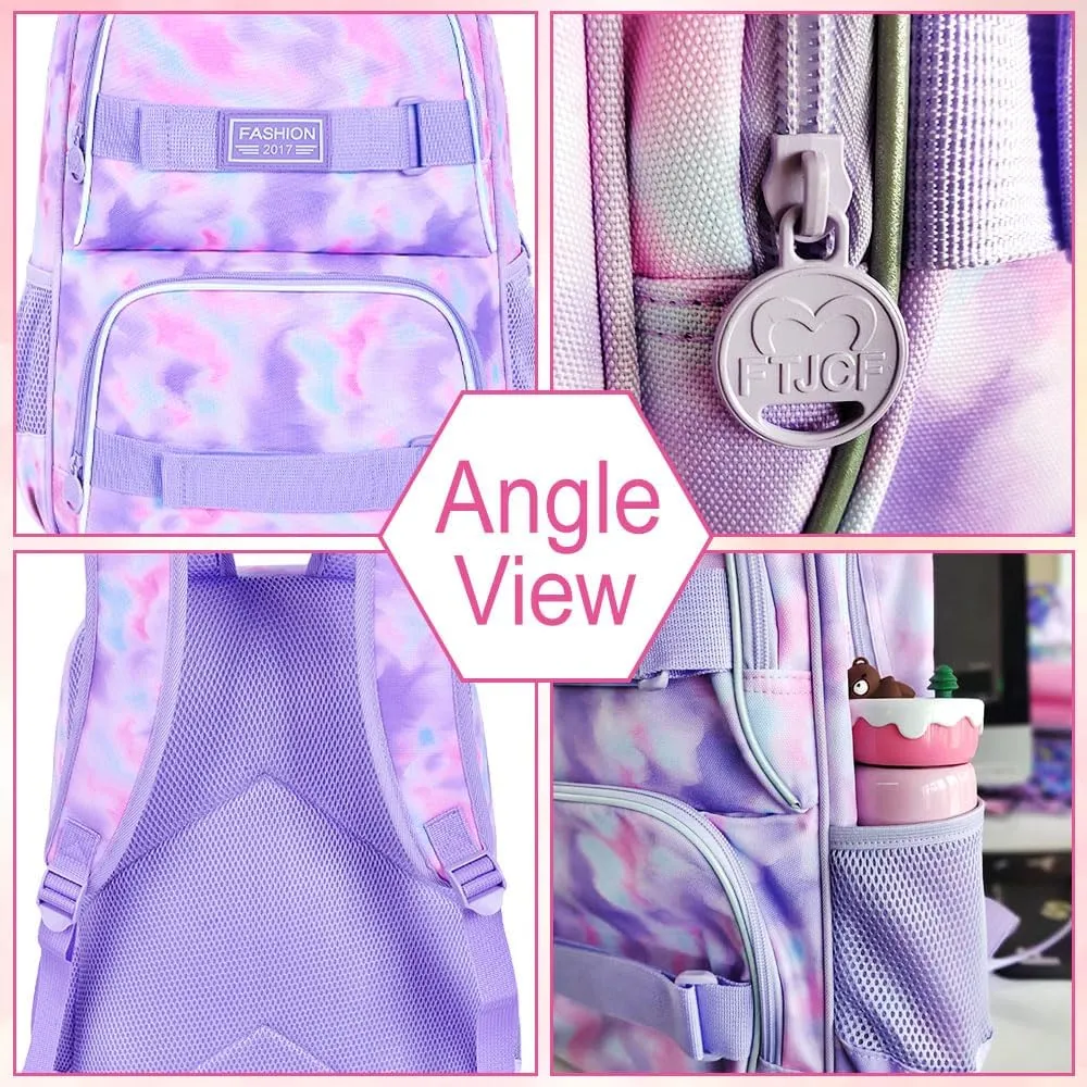 17 Inches Backpack for Girls Women, 3Pcs Tie-dye College School Bookbag Set for Teens Students, Water Resistant Laptop Backpacks with Lunch Bag(Purple)