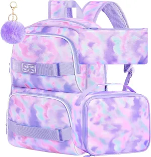 17 Inches Backpack for Girls Women, 3Pcs Tie-dye College School Bookbag Set for Teens Students, Water Resistant Laptop Backpacks with Lunch Bag(Purple)