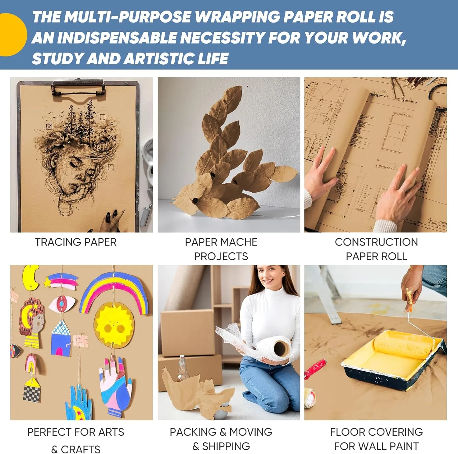 18"x3600" (300') Brown Craft Paper Roll, Eid Bouquet Flower Decorative Gift Wrap, Bulletin Board Banner Construction Kraft Paper, Kid Art Poster Packing Shipping Floor Covering Table Runner 70GSM 50LB