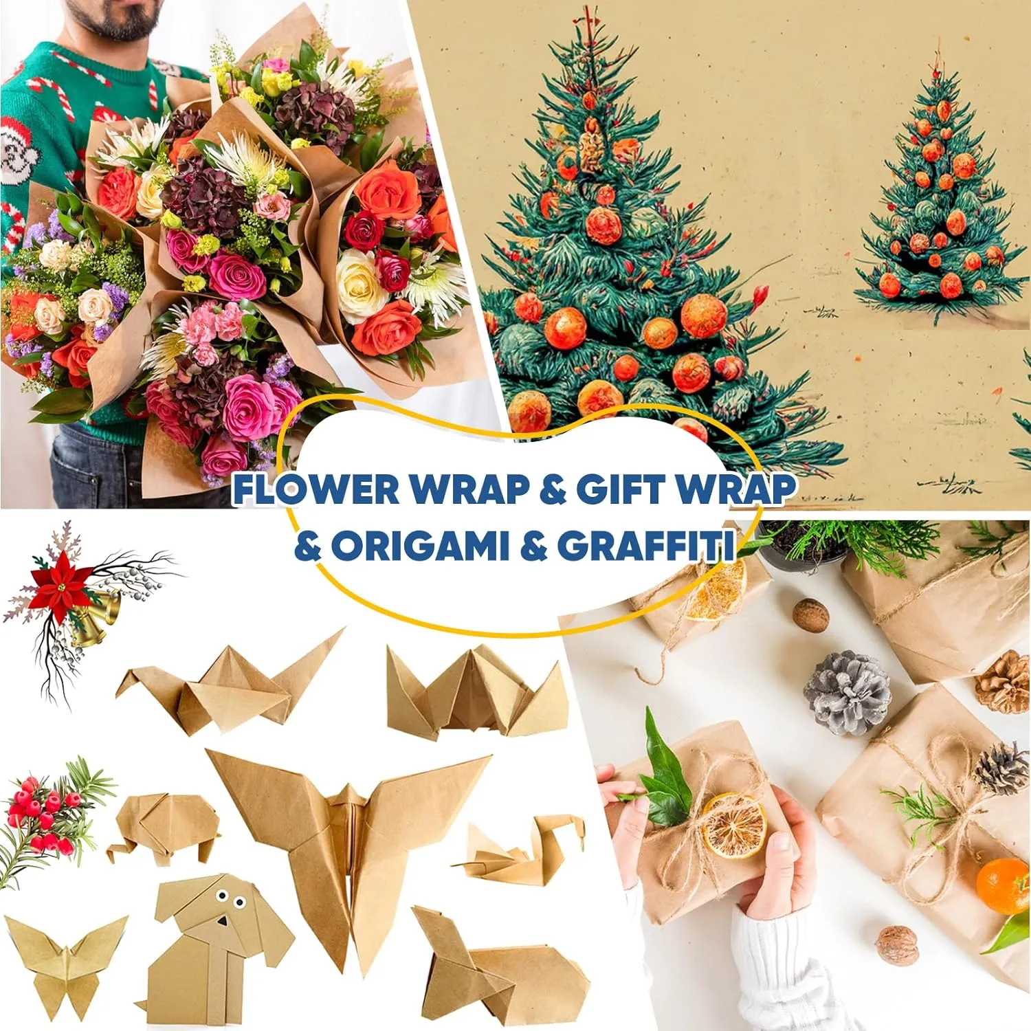 18"x3600" (300') Brown Craft Paper Roll, Eid Bouquet Flower Decorative Gift Wrap, Bulletin Board Banner Construction Kraft Paper, Kid Art Poster Packing Shipping Floor Covering Table Runner 70GSM 50LB