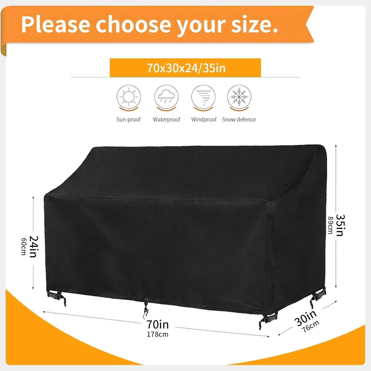 2-Person Outdoor Glider Bench Cover Waterproof,Double Patio Gliders Rocking Chair Covers with Buckle,Wind-Proof/Anti-Uv Outside Loveseat Cover, 420D Oxford (70 * 30 * 35/24in,Black)