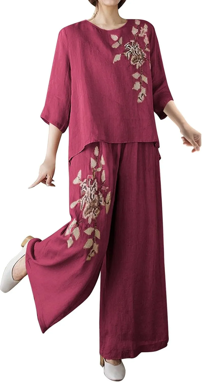 2 Piece Outfits for Women Cotton Linen Floral Embroidery Casual Matching Set 3/4 Sleeve T Shirts Pants with Pockets
