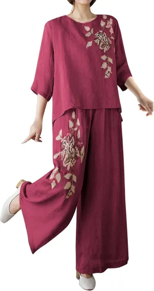 2 Piece Outfits for Women Cotton Linen Floral Embroidery Casual Matching Set 3/4 Sleeve T Shirts Pants with Pockets