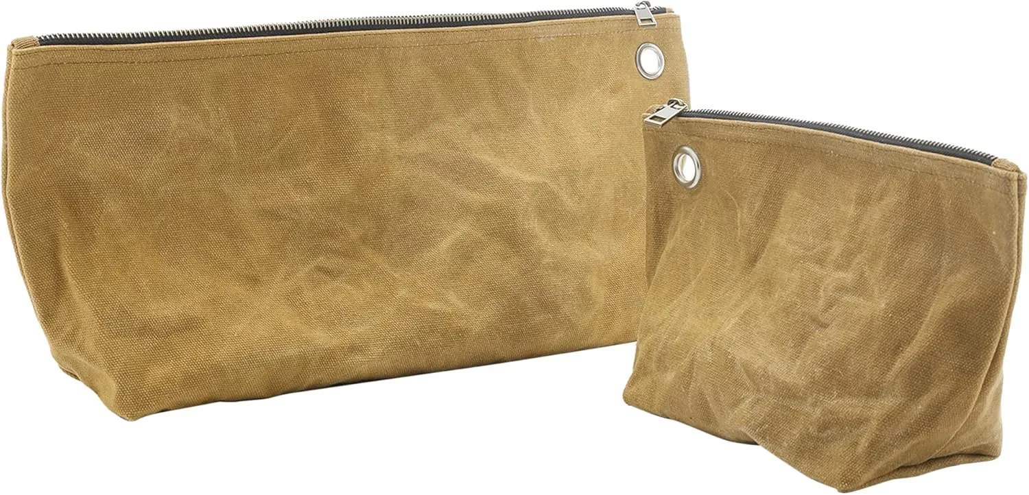 2 Tool Storage Bag - 16oz Waxed Canvas Item Collection Pouch for Men Women, Portable Tools Organizer Pouches for Coins Pliers Nuts - Khaki