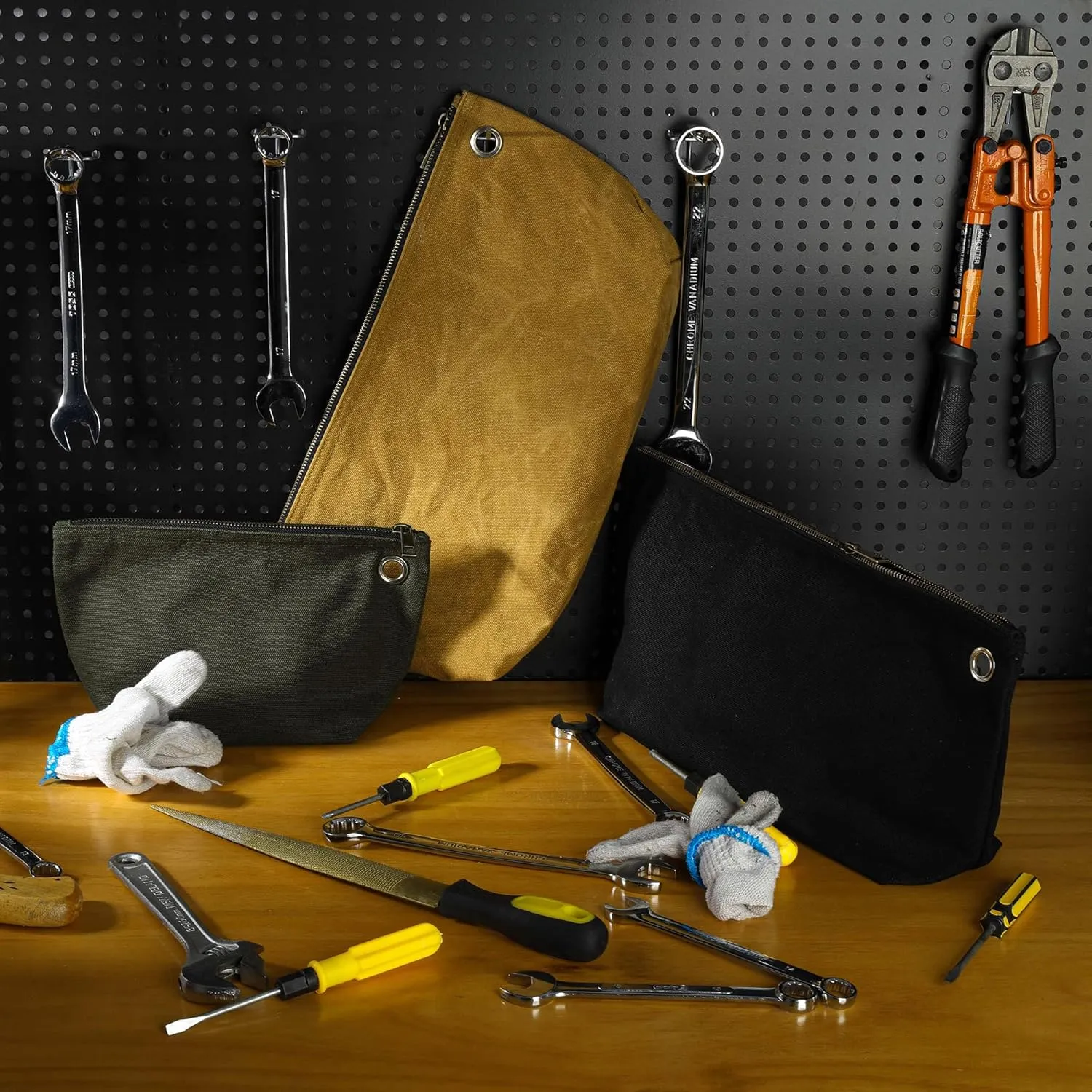 2 Tool Storage Bag - 16oz Waxed Canvas Item Collection Pouch for Men Women, Portable Tools Organizer Pouches for Coins Pliers Nuts - Khaki