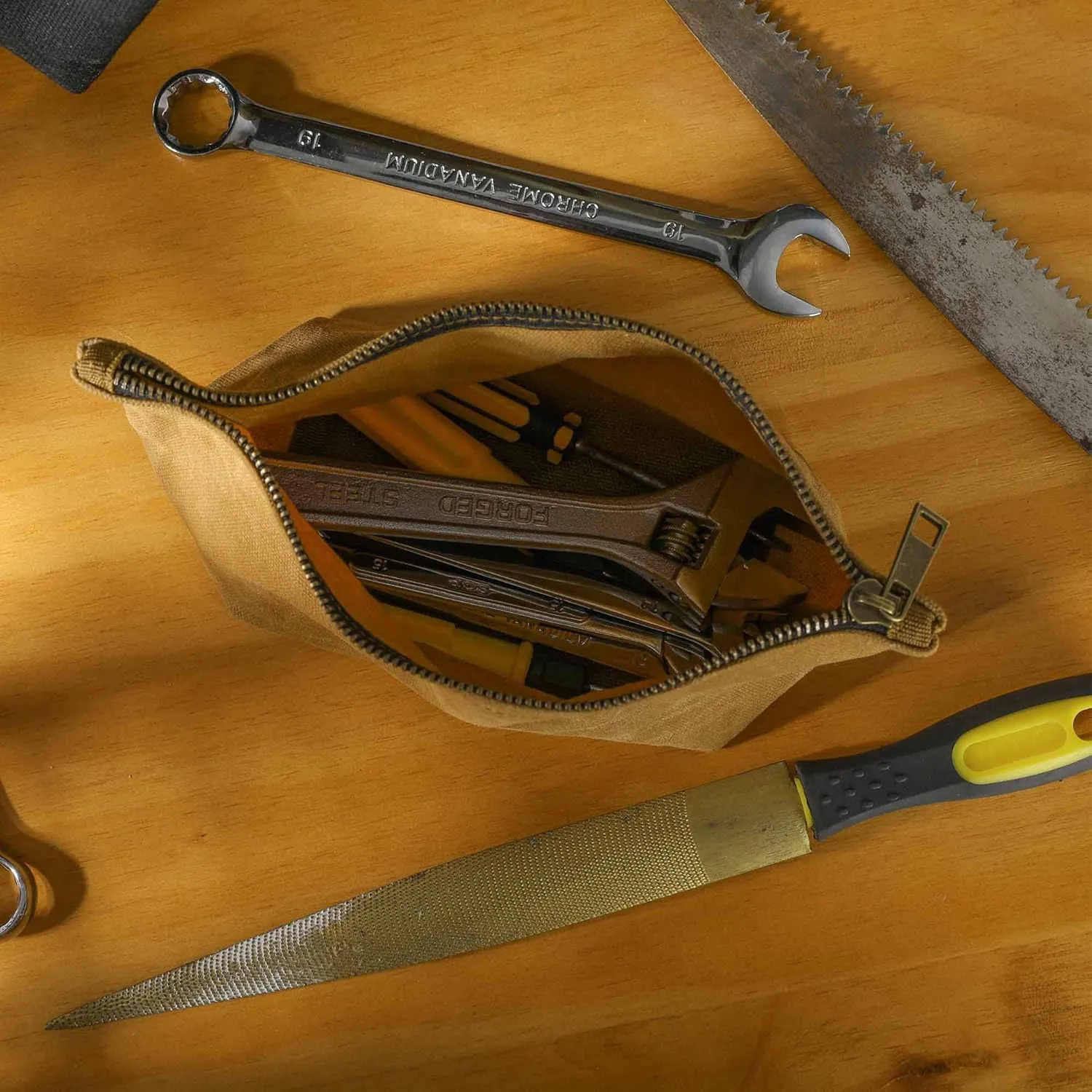2 Tool Storage Bag - 16oz Waxed Canvas Item Collection Pouch for Men Women, Portable Tools Organizer Pouches for Coins Pliers Nuts - Khaki