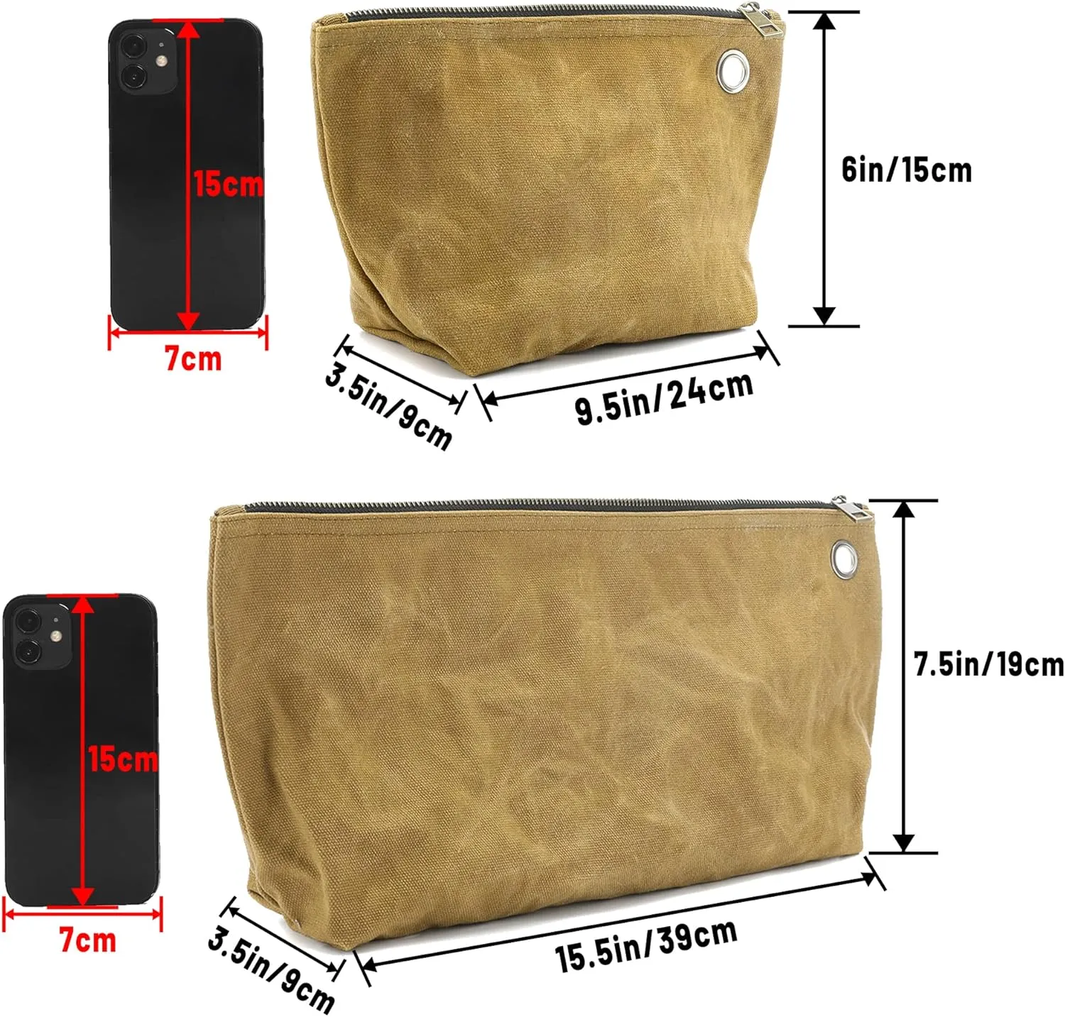 2 Tool Storage Bag - 16oz Waxed Canvas Item Collection Pouch for Men Women, Portable Tools Organizer Pouches for Coins Pliers Nuts - Khaki