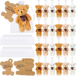 24 Sets Mini Bear 2.36 Inch Stuffed Plush Bear Keychain Tiny Bear with Thank You Tag and White Organza Bag for Boy Girl DIY Keychain Baby Shower Birthday Party (Beige/Apricot/Brown, Bow Tie)
