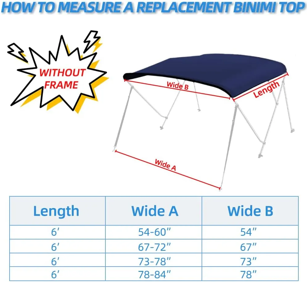 3 Bow Fade and Crack Resistant Bimini Top Replacement Cover，600D Marine Grade Polyester Waterproof Sun Shade Boat Canopy，Easy Install Zipper Sleeves Boat Awning,Navy 6'L 73"-78" W