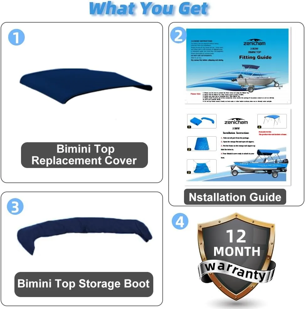 3 Bow Fade and Crack Resistant Bimini Top Replacement Cover，600D Marine Grade Polyester Waterproof Sun Shade Boat Canopy，Easy Install Zipper Sleeves Boat Awning,Navy 6'L 73"-78" W