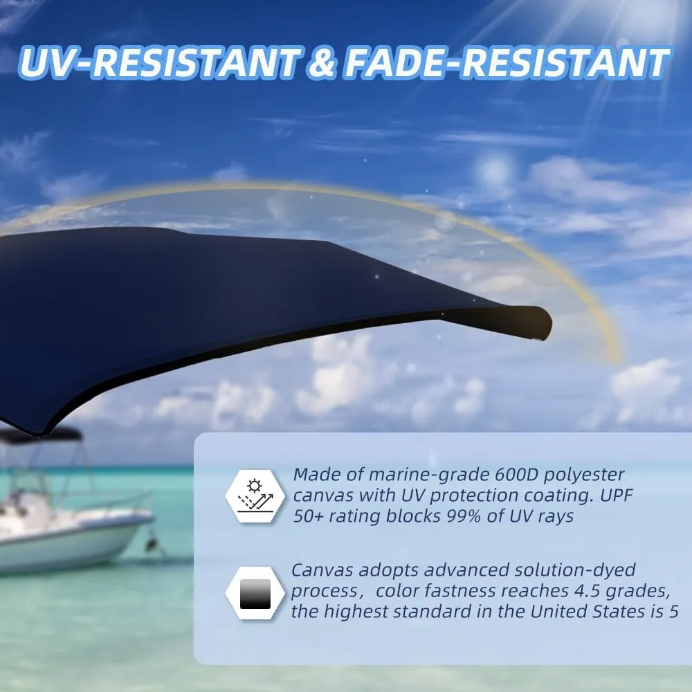 3 Bow Fade and Crack Resistant Bimini Top Replacement Cover，600D Marine Grade Polyester Waterproof Sun Shade Boat Canopy，Easy Install Zipper Sleeves Boat Awning,Navy 6'L 73"-78" W