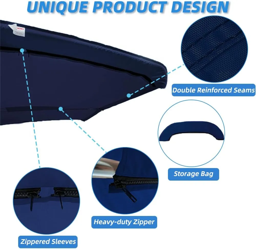 3 Bow Fade and Crack Resistant Bimini Top Replacement Cover，600D Marine Grade Polyester Waterproof Sun Shade Boat Canopy，Easy Install Zipper Sleeves Boat Awning,Navy 6'L 73"-78" W