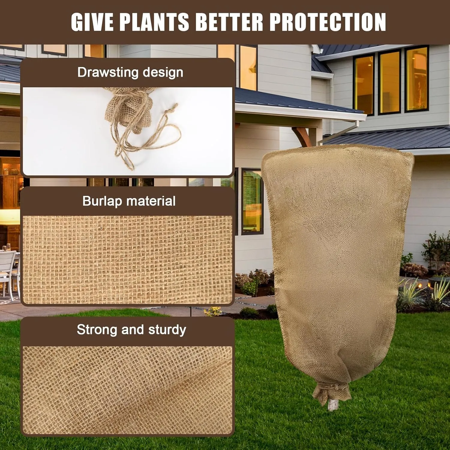 3 Pack 24'' x 40'' Reusable Warm Burlap Winter Plant Cover Bags with Drawstring Burlap Plant Covers Freeze Protection Large Plant Frost Cloth Cold Freeze Blanket Protecting Fruit Tree Potted Plants