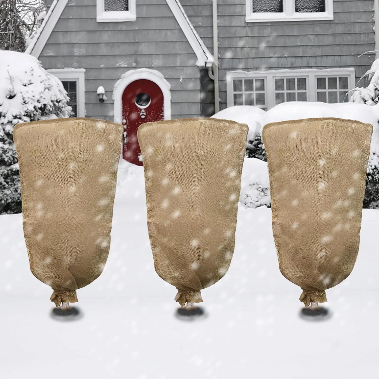3 Pack 24'' x 40'' Reusable Warm Burlap Winter Plant Cover Bags with Drawstring Burlap Plant Covers Freeze Protection Large Plant Frost Cloth Cold Freeze Blanket Protecting Fruit Tree Potted Plants