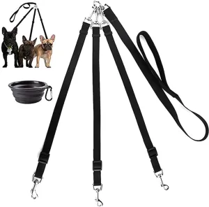 3 Way Dog Leash   a Collapsible Travel Bowl, Nylon Adjustable Coupler No Tangle Detachable 3 in 1 Multiple Dog Pet Cat Puppy Leash with Soft Padded Handle (Black)