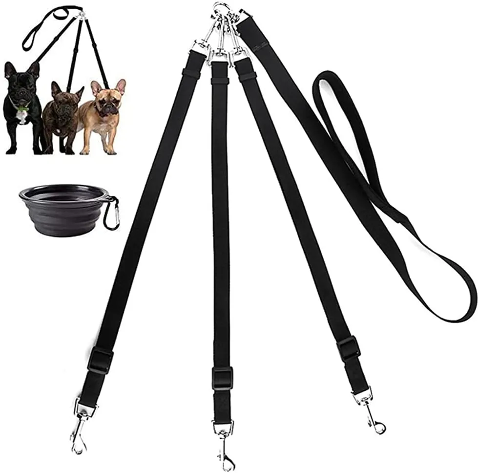 3 Way Dog Leash   a Collapsible Travel Bowl, Nylon Adjustable Coupler No Tangle Detachable 3 in 1 Multiple Dog Pet Cat Puppy Leash with Soft Padded Handle (Black)