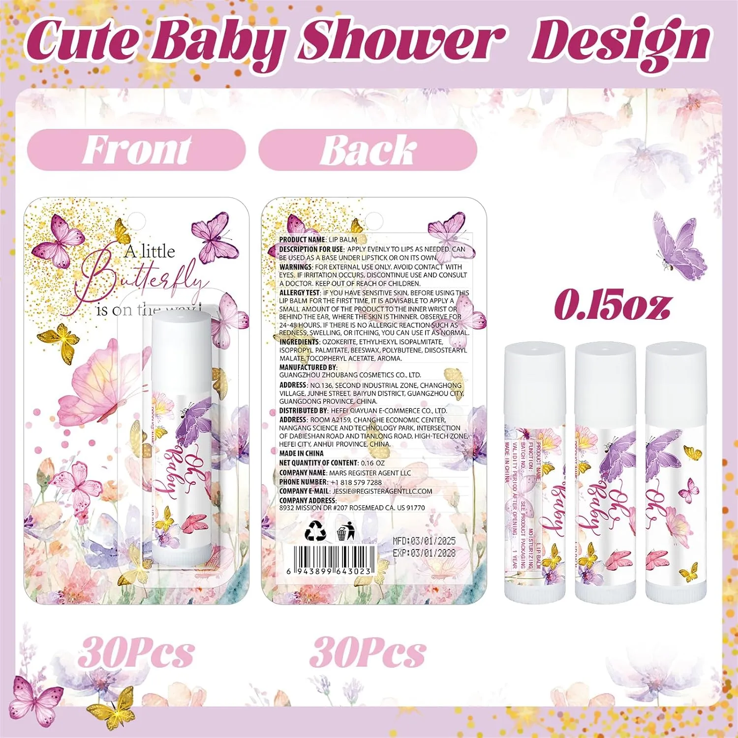 30 Pack Butterfly Baby Shower Games Prizes Party Gifts Bulk Lip Balms Favors for Winners Adults Guests Gender Reveal Favors Decorations Baby Shower Souvenirs Gift Bags Stuffers