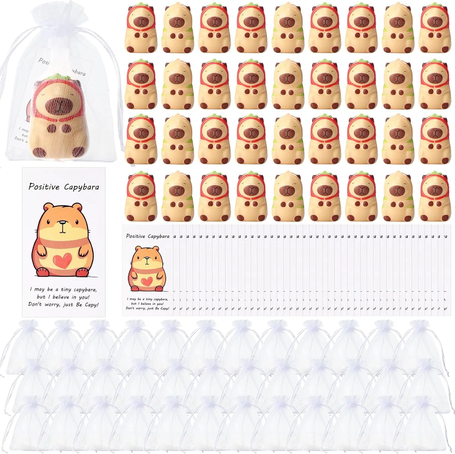 30 Set Capybara Party Favors Positive Capybara Squeeze Stress Balls with Cards & Bags Mini Animal Stress Relief Toy Bulk for Employee Appreciation Gifts Adult Kid Birthday Decor (Classic)