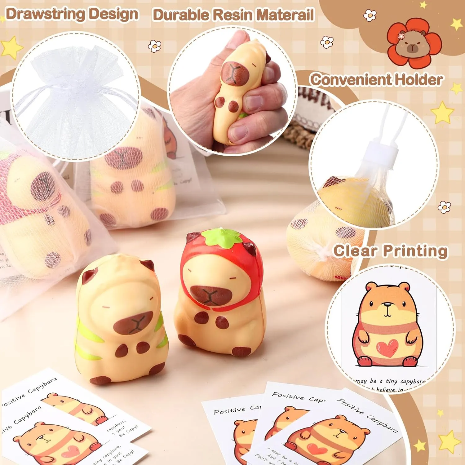 30 Set Capybara Party Favors Positive Capybara Squeeze Stress Balls with Cards & Bags Mini Animal Stress Relief Toy Bulk for Employee Appreciation Gifts Adult Kid Birthday Decor (Classic)
