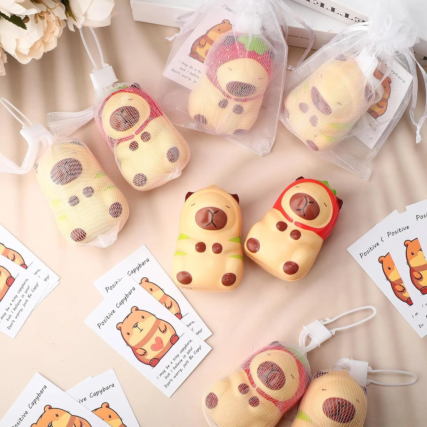 30 Set Capybara Party Favors Positive Capybara Squeeze Stress Balls with Cards & Bags Mini Animal Stress Relief Toy Bulk for Employee Appreciation Gifts Adult Kid Birthday Decor (Classic)
