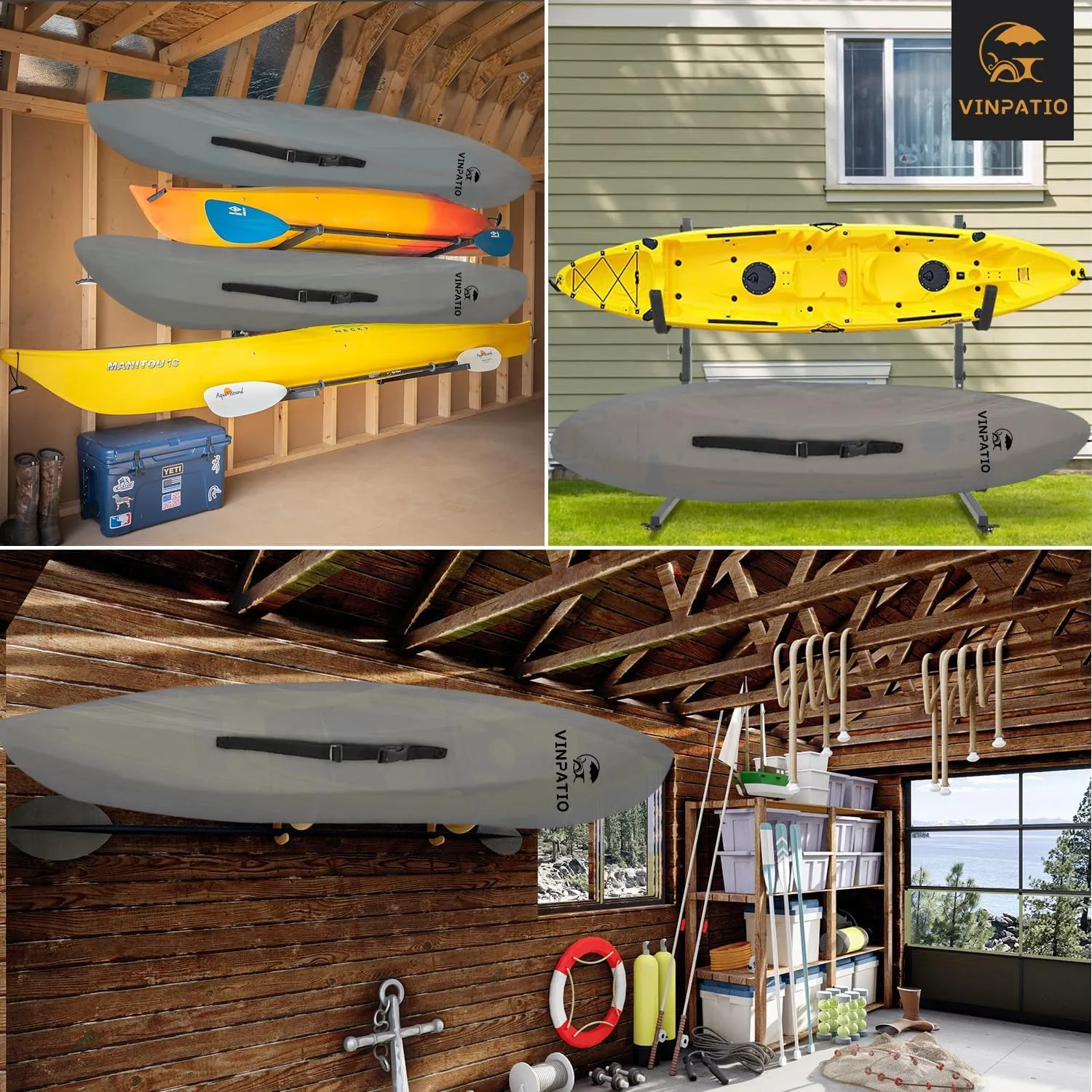 300D Kayak Cover 11-13ft, Waterproof Canoe Cover for Paddle Board Outdoor Storage, UV Protection Dust Proof Boat Cover for Fishing Boat, Light Grey