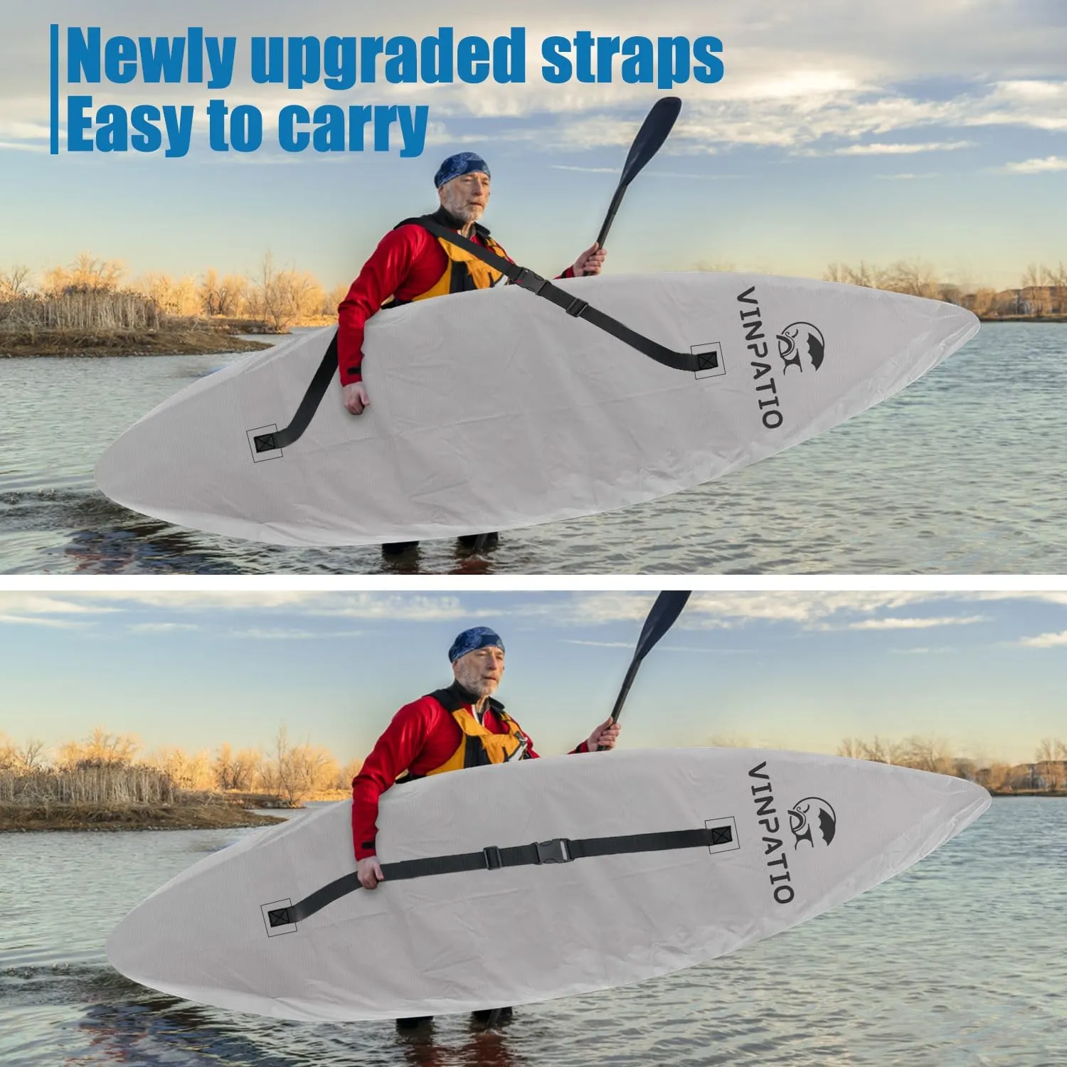 300D Kayak Cover 11-13ft, Waterproof Canoe Cover for Paddle Board Outdoor Storage, UV Protection Dust Proof Boat Cover for Fishing Boat, Light Grey