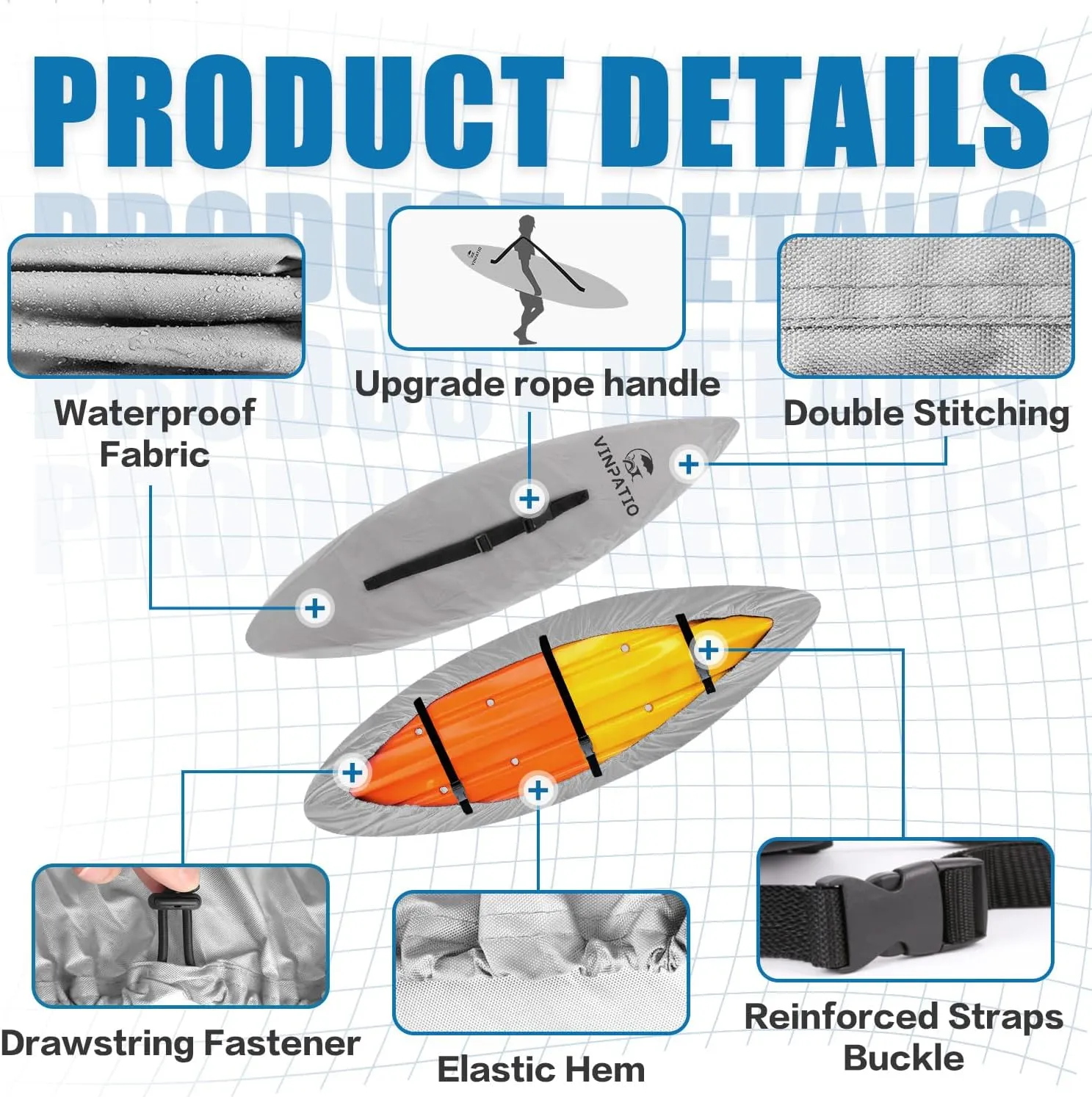 300D Kayak Cover 11-13ft, Waterproof Canoe Cover for Paddle Board Outdoor Storage, UV Protection Dust Proof Boat Cover for Fishing Boat, Light Grey