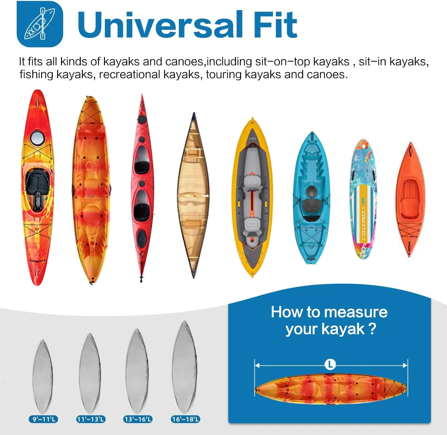 300D Kayak Cover 11-13ft, Waterproof Canoe Cover for Paddle Board Outdoor Storage, UV Protection Dust Proof Boat Cover for Fishing Boat, Light Grey