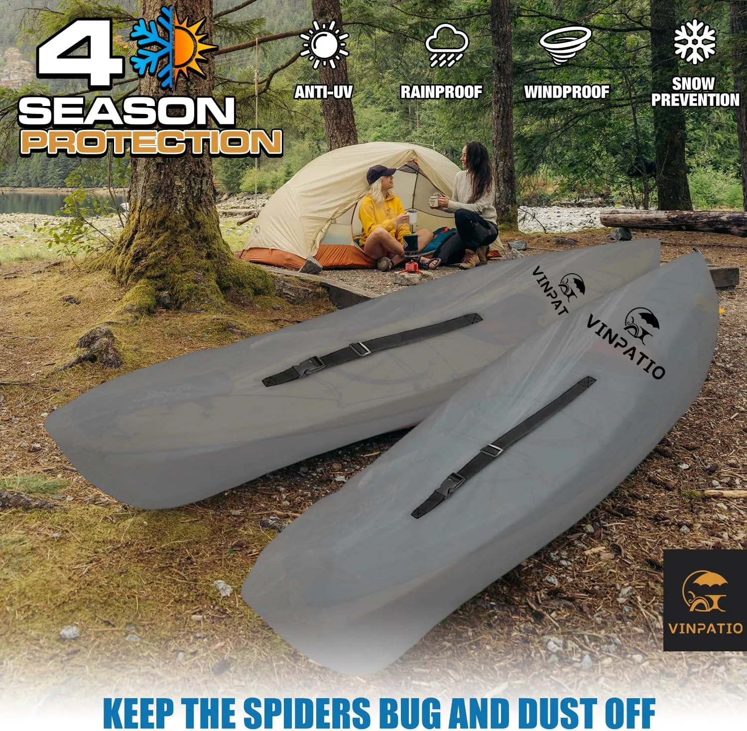 300D Kayak Cover 11-13ft, Waterproof Canoe Cover for Paddle Board Outdoor Storage, UV Protection Dust Proof Boat Cover for Fishing Boat, Light Grey