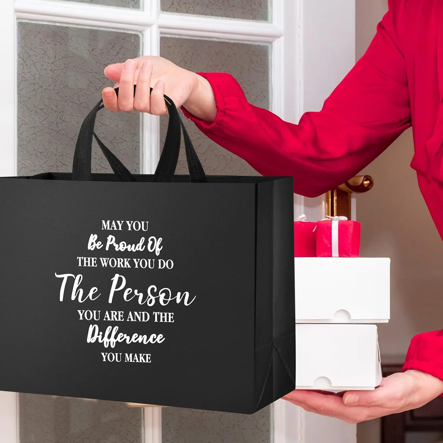 36 Pcs Large Thank You Reusable Gift Bags Employee Team Appreciation Gift Bags May You Be Proud Gift for Employee Teacher Student Coworker Secretary Appreciation Assistant Gift(Black,15.7x12x6.3Inch)