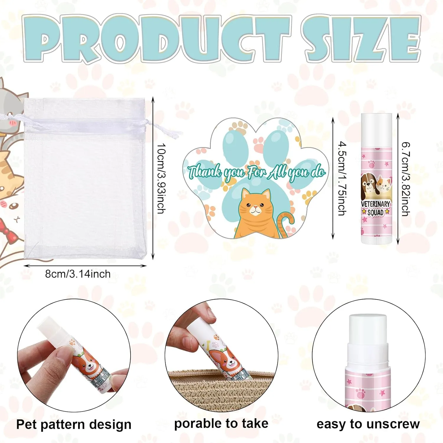 36 Sets Vet Tech Gift Animal Lip Balm Thank You Tag Organza Bag Veterinarian Appreciation Gifts Vet Tech Week Gift for Veterinary Technologist Nurse Birthday Christmas End of Year Supplies
