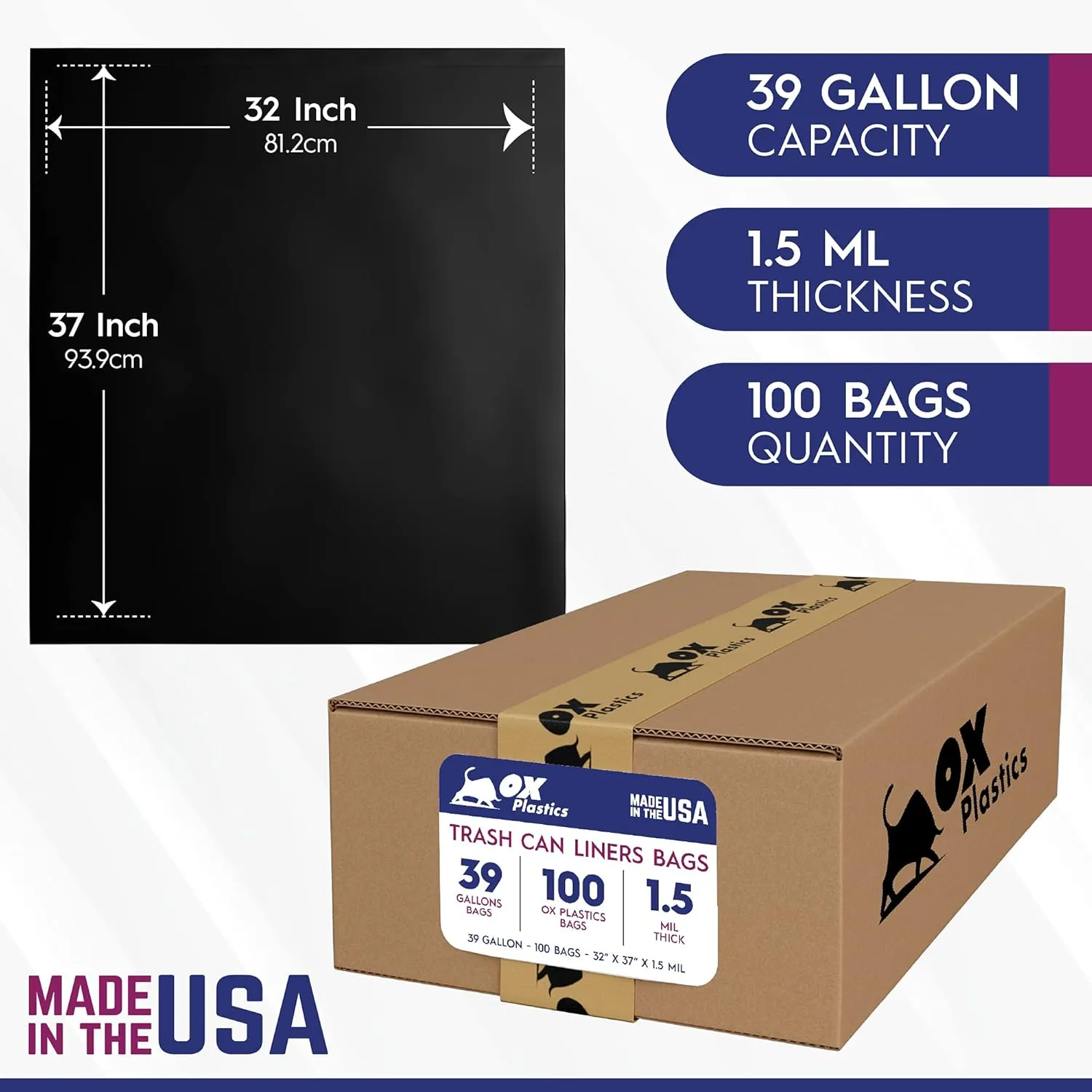 39 Gallon Trash Bags - 100 Trash Can Liners Bags & 1.5mil Thick Extra Heavy Duty Strength -Large Garbage Bags, Leak-Proof & Durable Black