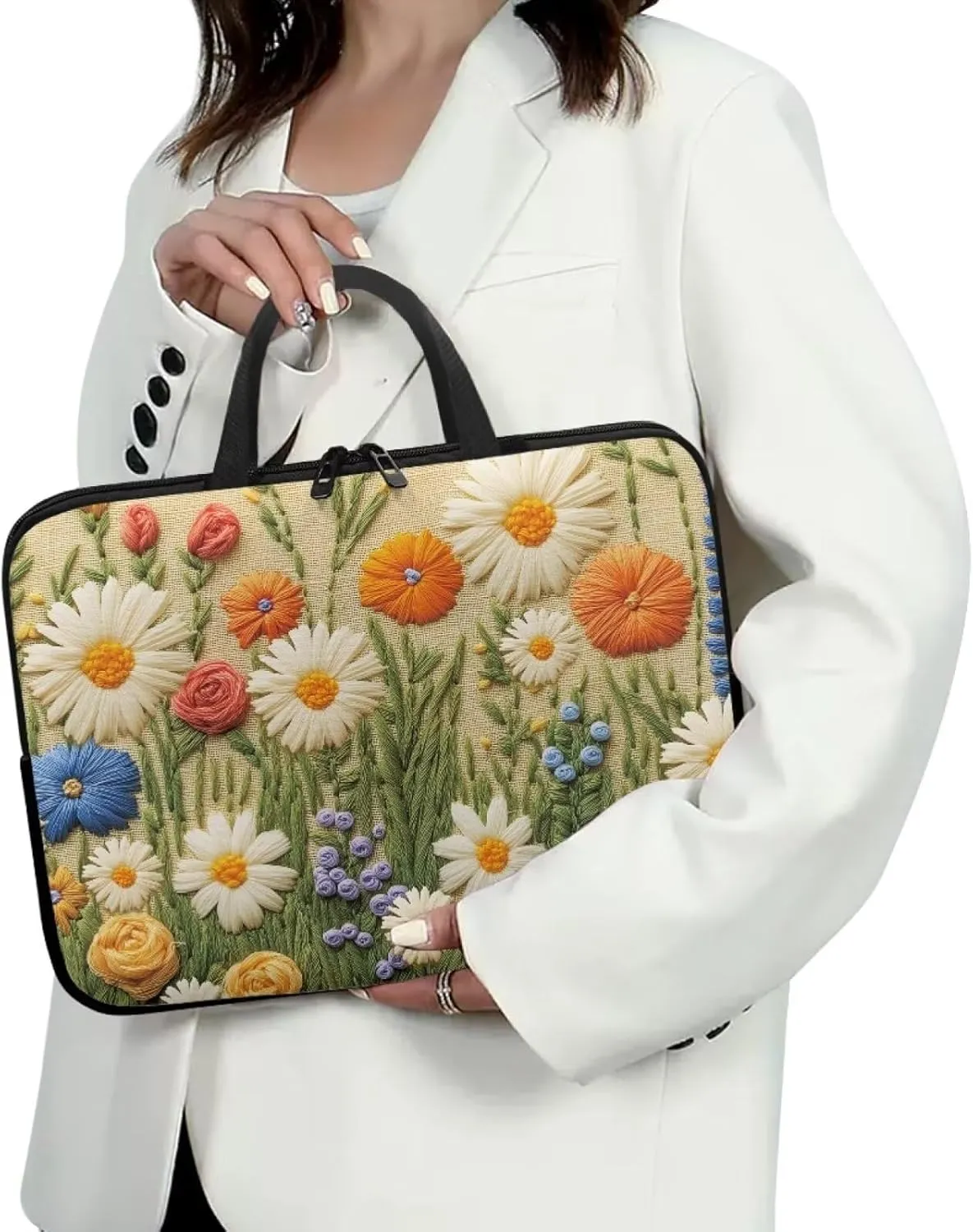 3D Daisy Flower Rose Print Laptop Sleeve Bag 10-17 Inch Waterproof Laptop Case with Handle and Pocket for Women Men Tablet Protective Briefcase with Zipper for Study Work, 15inch